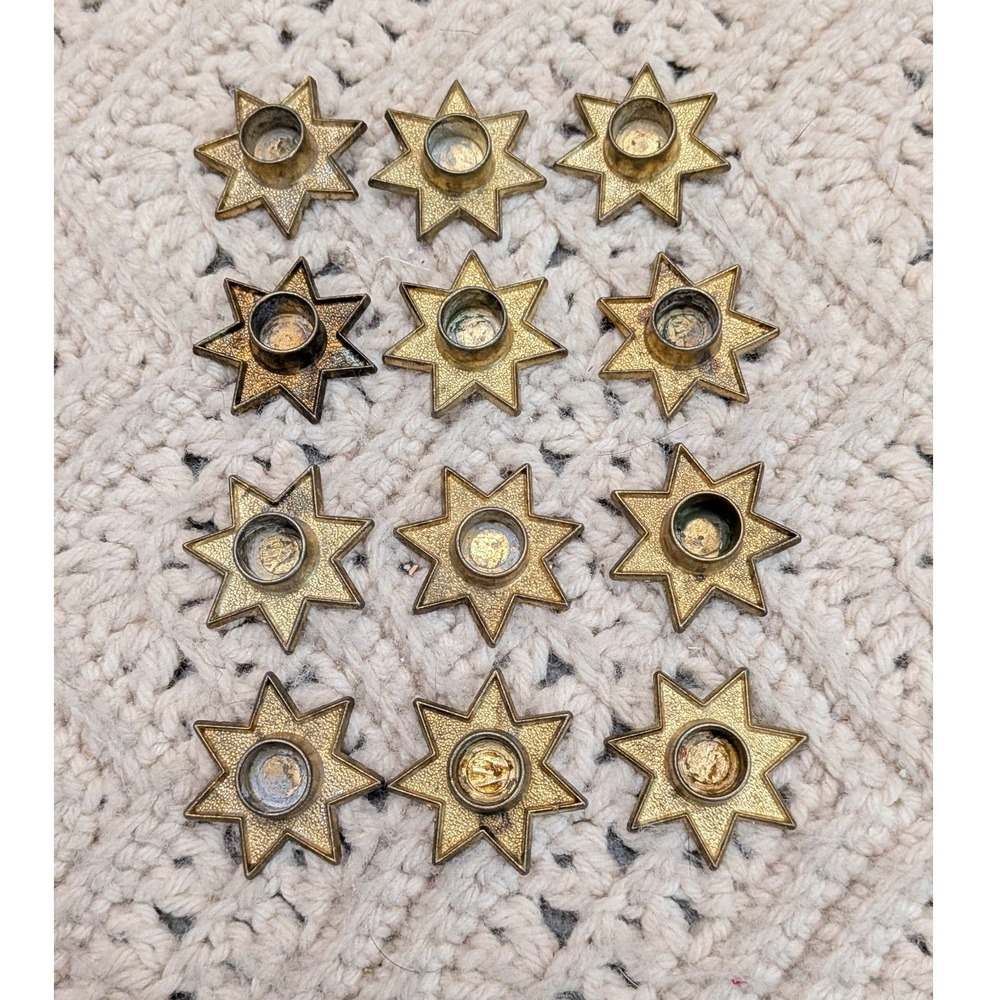 Vintage Danish Star Candle Holders Set of 12 Gold Metal MCM Denmark 1.5"
